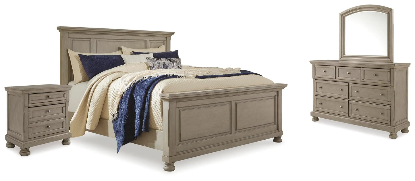 Cama Lettner King con paneles, cómoda, espejo y dos mesitas de noche