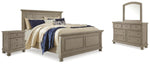Cama Lettner King con paneles, cómoda, espejo y dos mesitas de noche