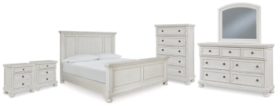 Cama Robbinsdale King con paneles, tocador, espejo, cómoda y dos mesitas de noche