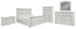 Cama Robbinsdale King con paneles, tocador, espejo, cómoda y dos mesitas de noche