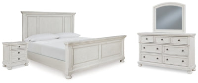 Cama Queen Robbinsdale con paneles, tocador, espejo y mesita de noche