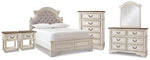 Cama Realyn con paneles tapizados, tocador, espejo, cómoda y dos mesitas de noche