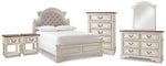Cama Realyn con paneles tapizados, tocador, espejo, cómoda y dos mesitas de noche