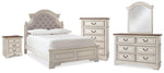 Cama de matrimonio Realyn con paneles, tocador, espejo, cómoda y mesita de noche