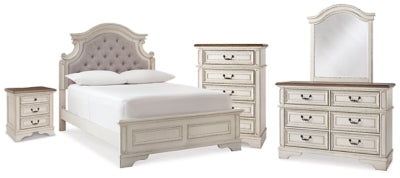 Cama de matrimonio Realyn con paneles, tocador, espejo, cómoda y mesita de noche