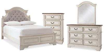 Cama de matrimonio Realyn con paneles, tocador, espejo y cómoda