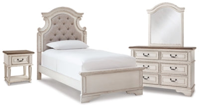Cama individual con paneles, tocador, espejo y mesita de noche Realyn