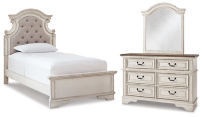 Cama individual Realyn, tocador y espejo