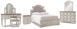 Cama de paneles completos Realyn, tocador, espejo, tocador de tres piezas y mesita de noche