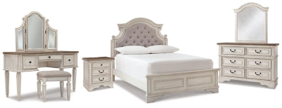 Cama de paneles completos Realyn, tocador, espejo, tocador de tres piezas y mesita de noche