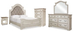 Cama Queen con paneles, tocador, espejo, cómoda y mesita de noche Realyn
