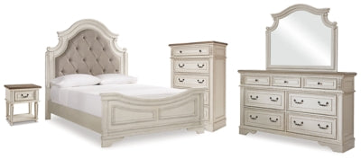 Cama Queen con paneles, tocador, espejo, cómoda y mesita de noche Realyn