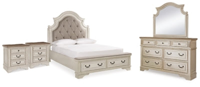 Cama Queen Realyn con paneles, tocador, espejo y dos mesitas de noche