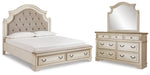 Cama tapizada Realyn King con tocador y espejo