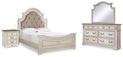 Cama Queen Realyn con tocador con espejo y mesita de noche