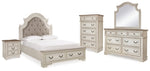 Cama tapizada Queen Realyn, tocador, espejo, cómoda y mesita de noche