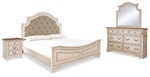 Cama California King con paneles, tocador, espejo y mesita de noche Realyn