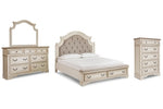 Cama tapizada Realyn California King, tocador, espejo y cómoda