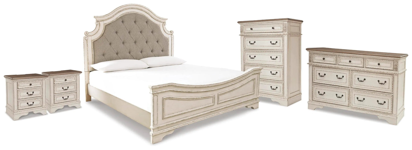 Cama King con paneles Realyn, cómoda, arcón y dos mesitas de noche