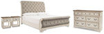 Cama Queen tapizada tipo trineo Realyn, cómoda y dos mesitas de noche