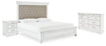 Cama Queen con paneles tapizados, cómoda y mesita de noche Kanwyn