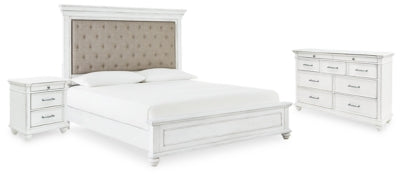 Cama Queen con paneles tapizados, cómoda y mesita de noche Kanwyn