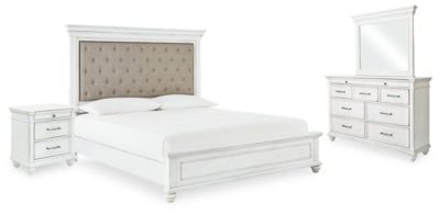 Cama Kanwyn Queen con paneles tapizados, tocador, espejo y mesita de noche