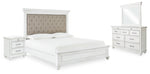 Cama Kanwyn Queen con paneles tapizados, tocador, espejo y mesita de noche