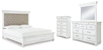 Cama tapizada Kanwyn Cal King con paneles, tocador, espejo y cómoda