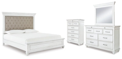 Cama tapizada Kanwyn Cal King con paneles, tocador, espejo y cómoda