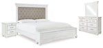 Cama King tapizada con almacenaje, tocador, espejo y mesita de noche Kanwyn