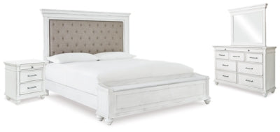 Cama King tapizada con almacenaje, tocador, espejo y mesita de noche Kanwyn
