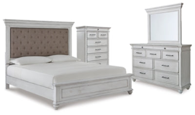 Cama King tapizada con paneles Kanwyn, tocador, espejo y cómoda