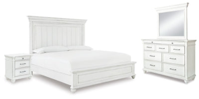 Cama Queen Kanwyn con paneles, tocador, espejo y mesita de noche