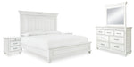 Cama Kanwyn Queen con paneles, tocador, espejo y dos mesitas de noche