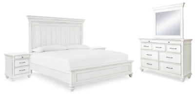 Cama Kanwyn Queen con paneles, tocador, espejo y dos mesitas de noche