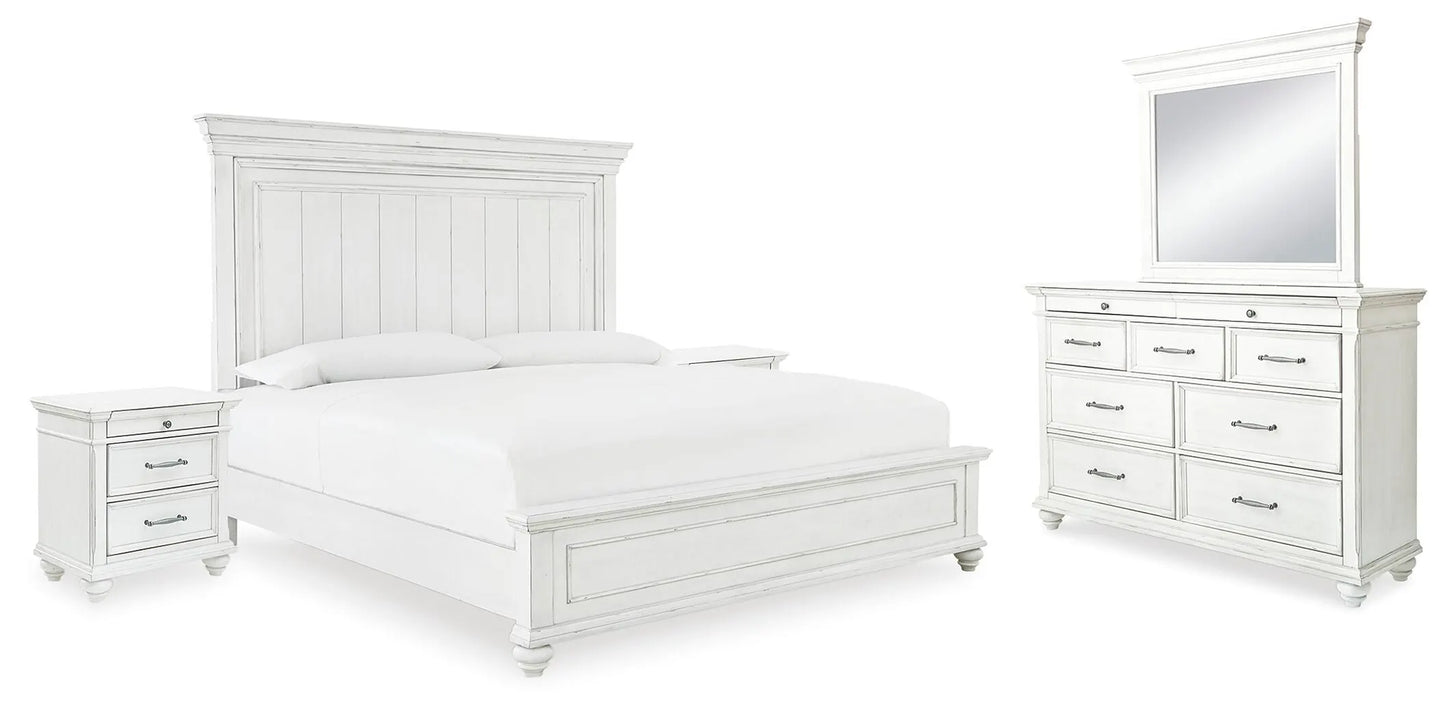 Cama Kanwyn Queen con paneles, tocador, espejo y dos mesitas de noche