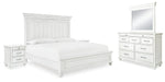 Cama Kanwyn Queen con paneles, tocador, espejo y dos mesitas de noche
