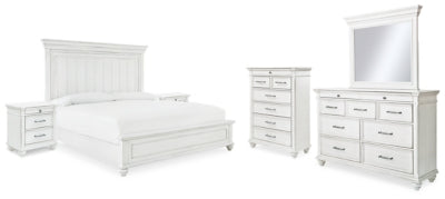 Cama Kanwyn King con paneles, tocador, espejo, cómoda y dos mesitas de noche