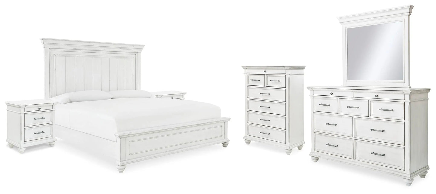 Cama Kanwyn King con paneles, tocador, espejo, cómoda y dos mesitas de noche