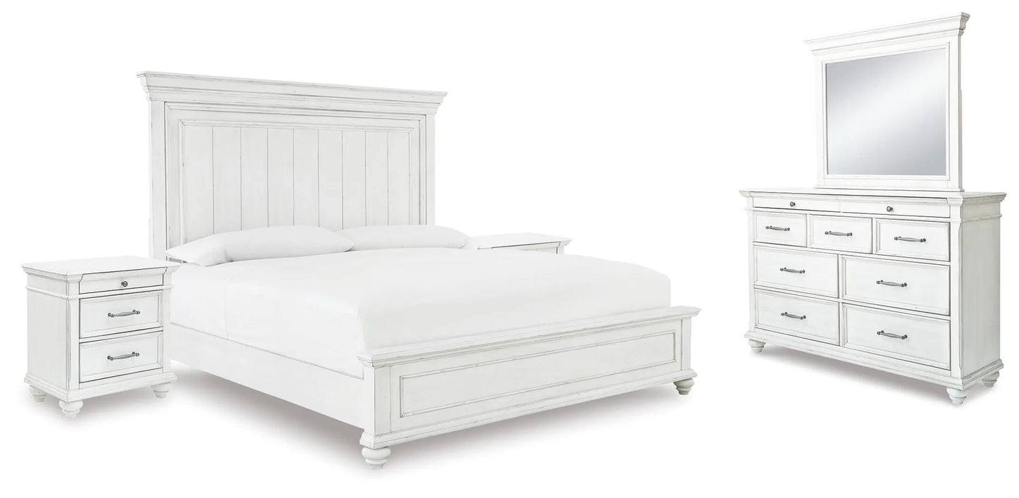 Cama Kanwyn King con paneles, tocador, espejo y dos mesitas de noche