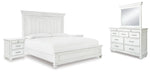 Cama Kanwyn King con paneles, tocador, espejo y dos mesitas de noche