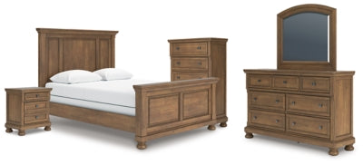 Cama Queen Vandenmore con paneles, tocador, espejo, cómoda y mesita de noche