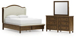 Cama Queen Sturlayne con paneles tapizados, tocador y espejo