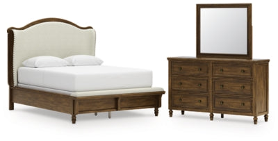 Cama Queen Sturlayne con paneles tapizados, tocador y espejo