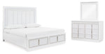 Cama Queen tapizada con almacenaje, tocador y espejo Chalanna