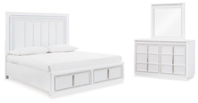 Cama Queen tapizada con almacenaje, tocador y espejo Chalanna