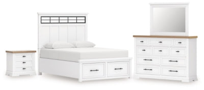 Cama King Ashbryn con almacenamiento, tocador, espejo y mesita de noche