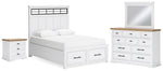 Cama Queen Ashbryn con almacenaje, tocador, espejo y mesita de noche