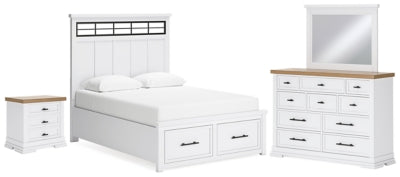 Cama Queen Ashbryn con almacenaje, tocador, espejo y mesita de noche